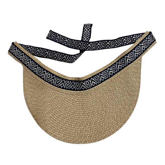 Womens Sea & Grass Straw Visor Sunvisor Sun Hat with Navy Blue Ties NWT - Picture 4 of 9